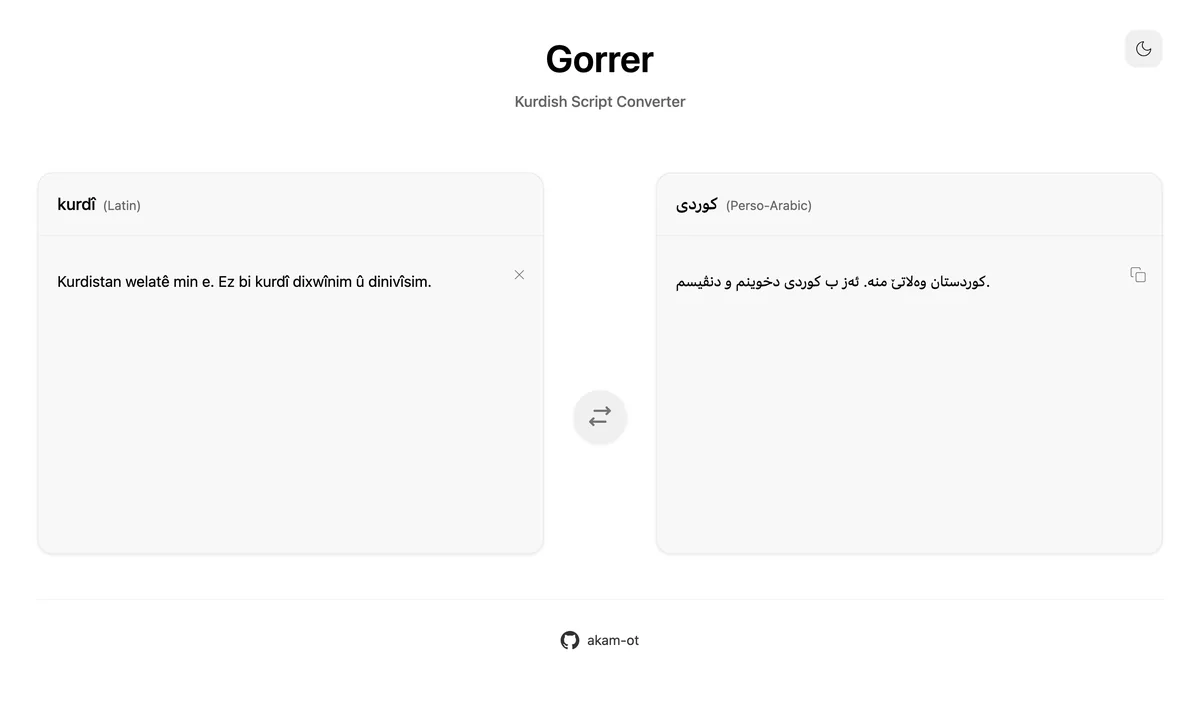Gorrer converting Latin Kurdish to Arabic script