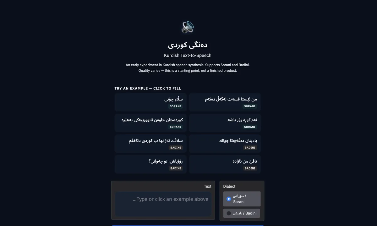 Kurdish text-to-speech demo with Sorani and Badini examples